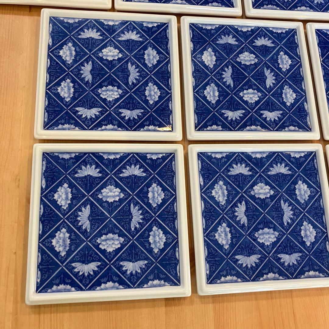 A2G29■オールド香蘭社 染付格子菊牡丹絵 角切方皿10枚 取り皿 銘々皿