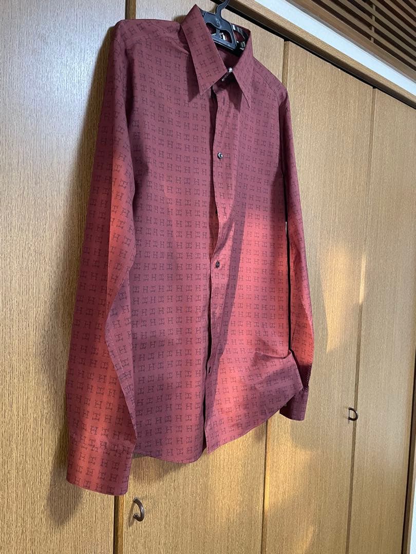 エルメス H柄 総柄 長袖シャツ ボルドー系 メンズ