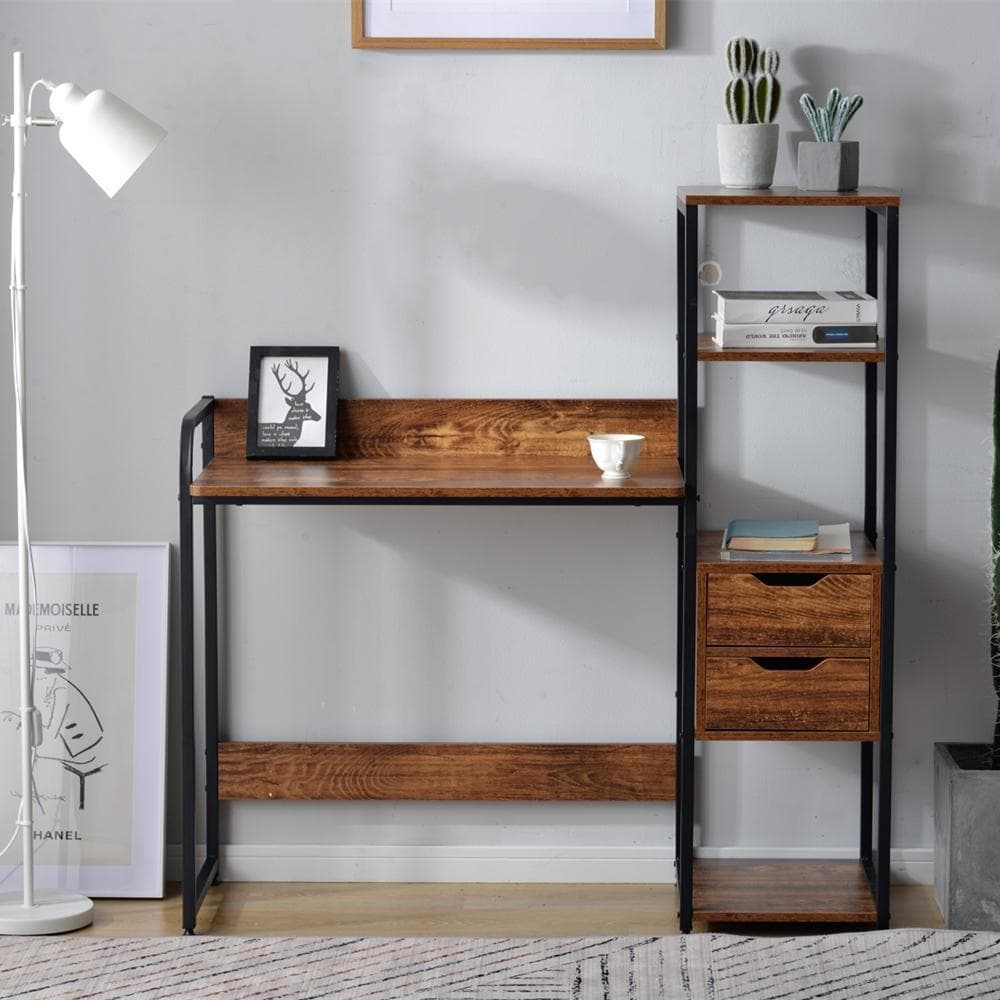 【ダークブラウン】パソコンデスク引き出し付き3段シェルフ付パソコンデスク学習机