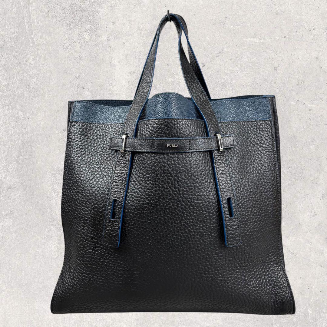 ホーネットフルラ ジョーヴェ レザー トートバッグ ハンドバッグ　黒×青