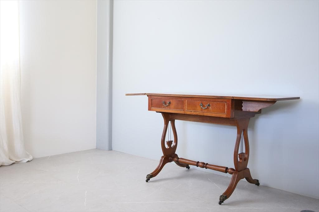 英国アンティーク木製ドロップリーフソファテーブル/折畳式机バタフライ(89-94