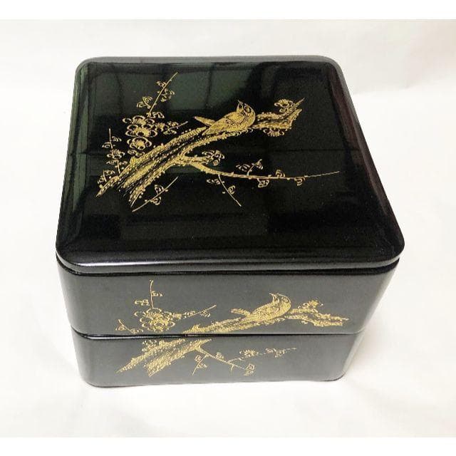 重箱 おせち 二段重 木製漆塗 梅に鶯沈金黒 6寸 18cm 漆器 アウトレット