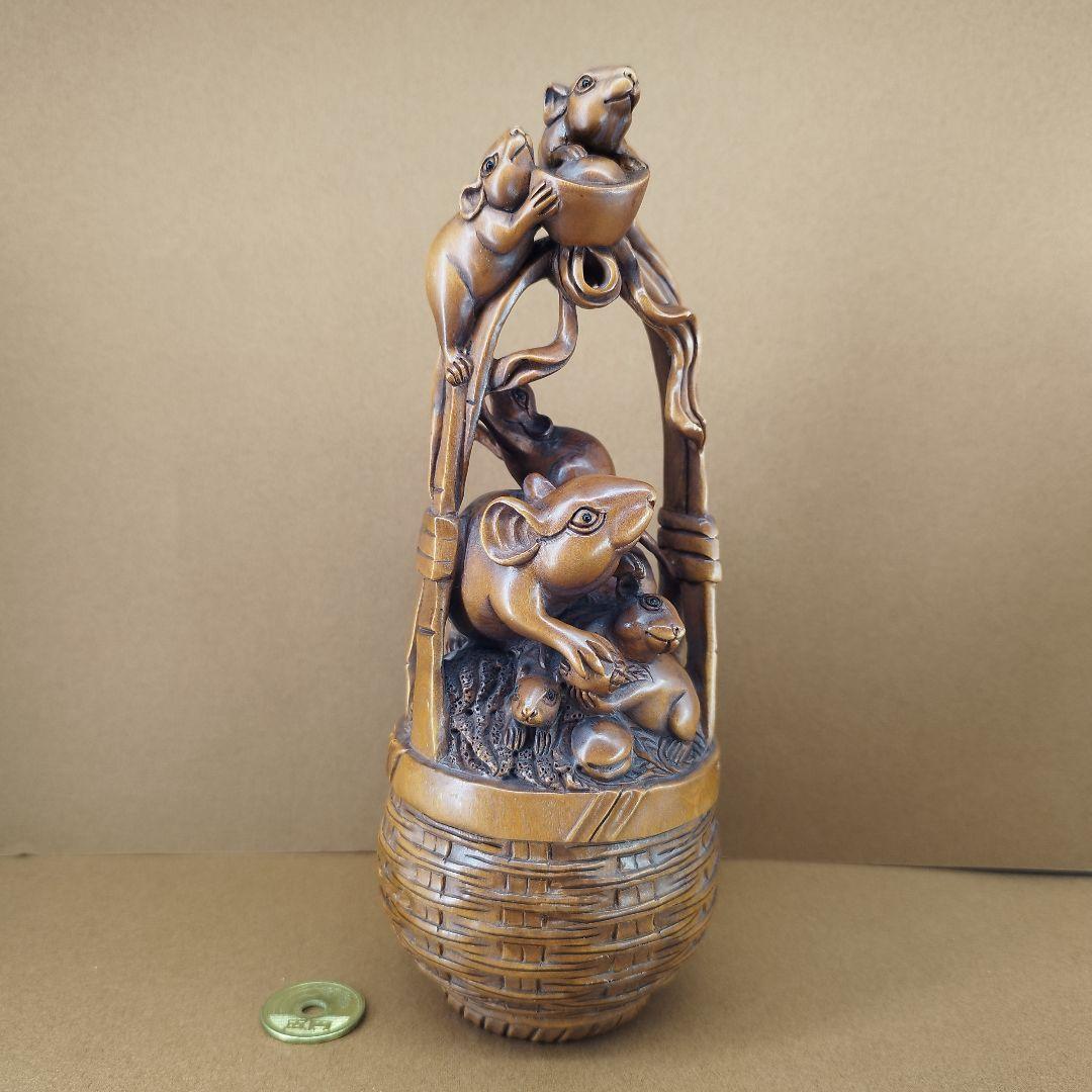 黄楊彫刻作品「家族繁栄、招財進寳」縁起置物《整理番号:BU005》