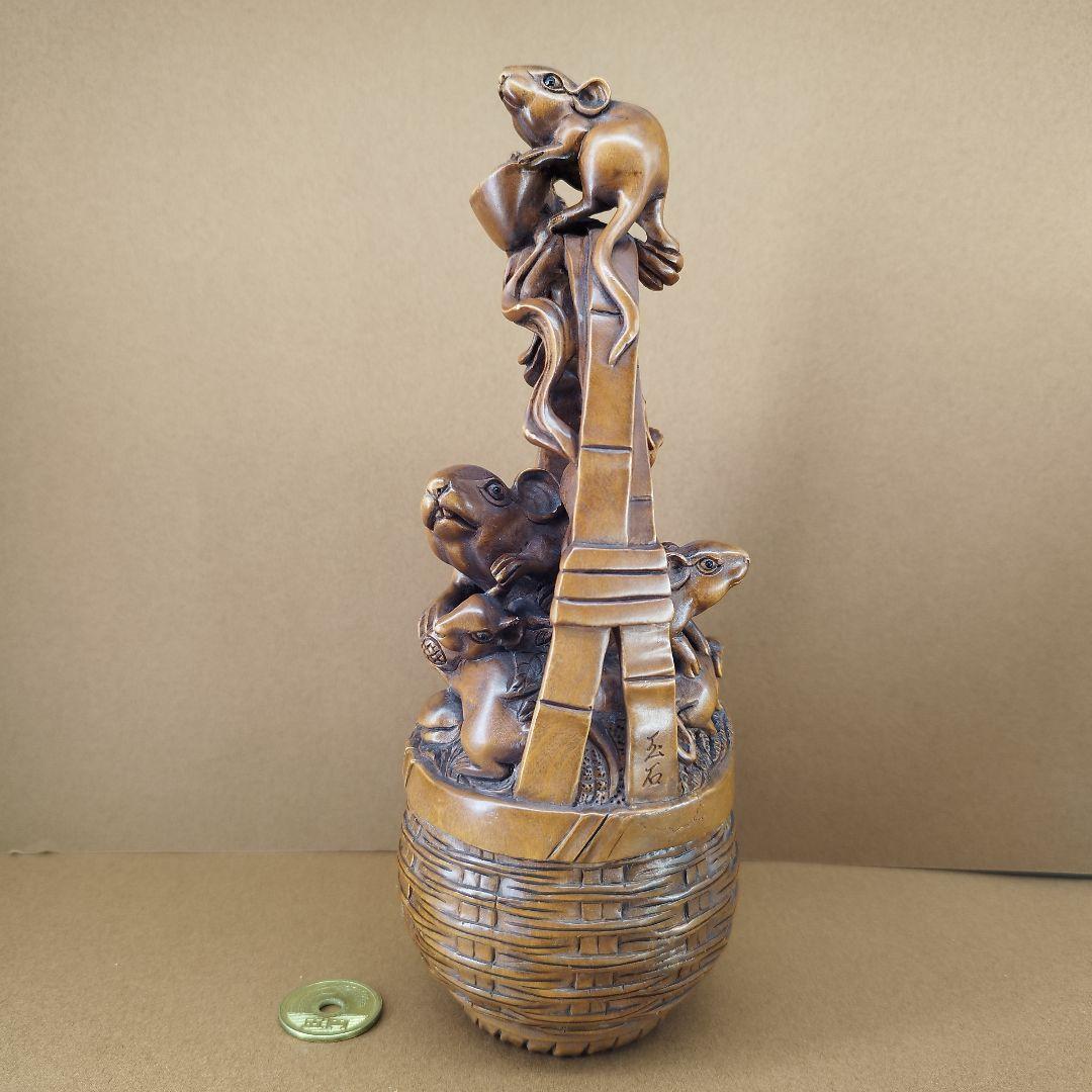 黄楊彫刻作品「家族繁栄、招財進寳」縁起置物《整理番号:BU005》