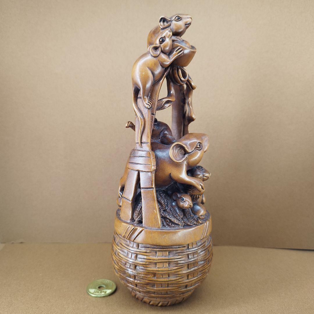 黄楊彫刻作品「家族繁栄、招財進寳」縁起置物《整理番号:BU005》