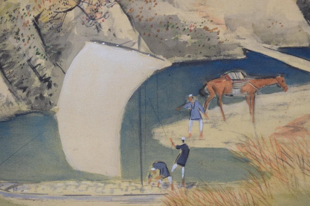 【真作】山下竹斎/湖畔秋色図/秋景山水人物図/掛軸☆宝船☆Y-180　JM