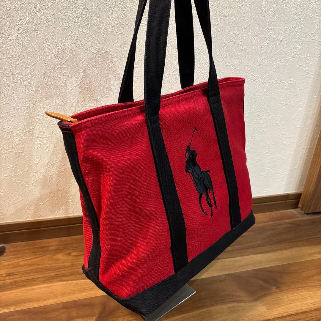 【美品】POLO ラルフローレン 帆布キャンパス×レザー トートバッグ 刺繍ロゴ