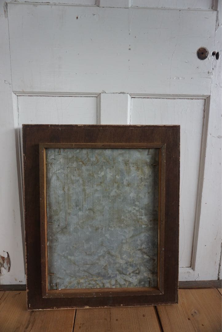 アンティークの木製フレームのブリキサインボード　看板　店舗什器　額縁　古道具