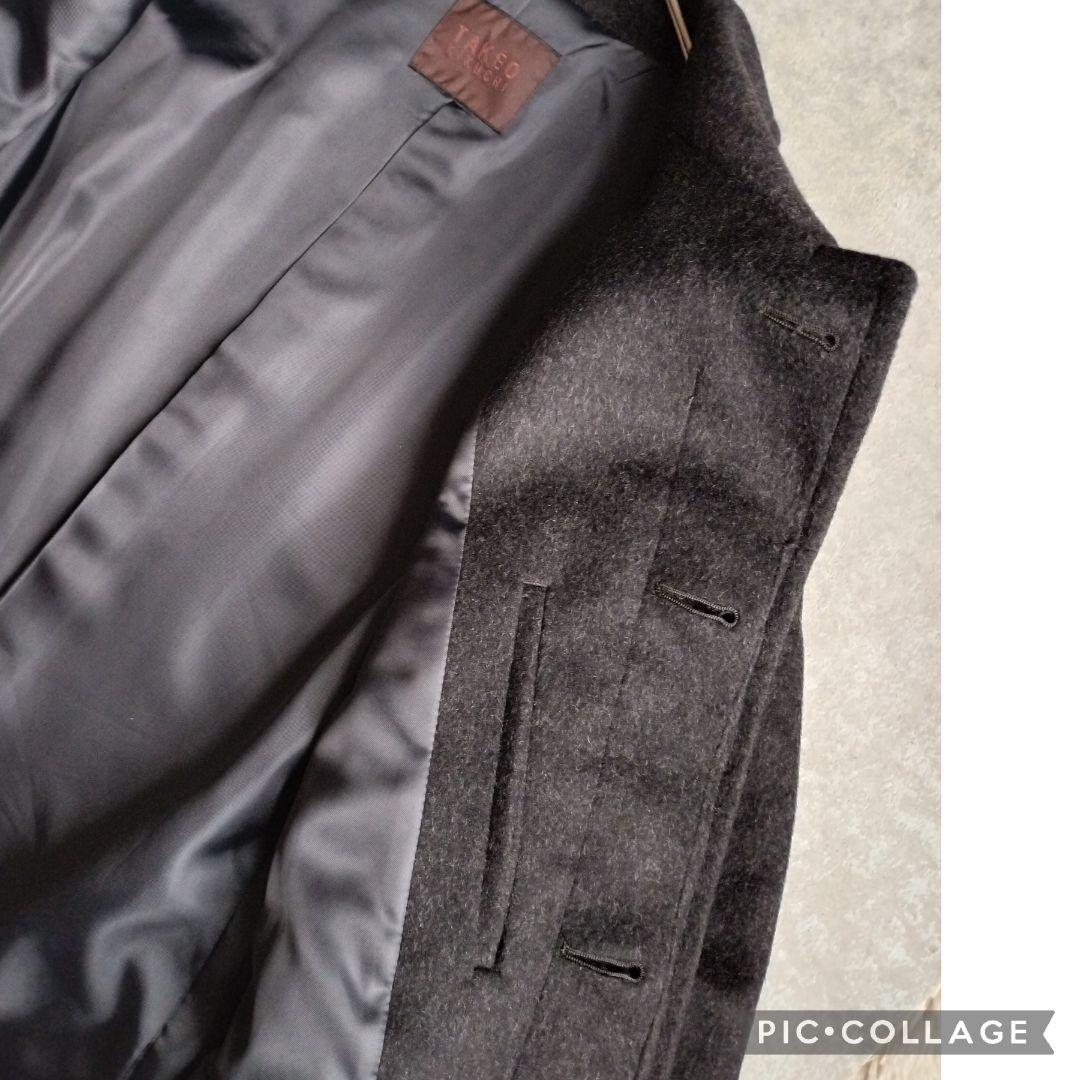 【美品】タケオキクチ 日本製 カシミヤ混 ステンカラーコート L　ダークグレー