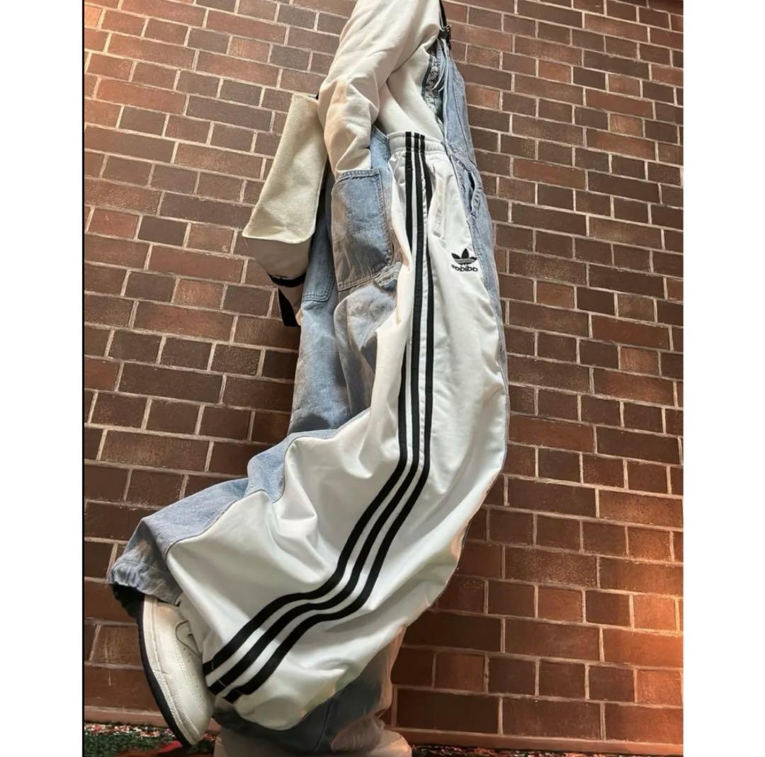 magoo リメイク 古着デニム✕ラインジャージ ドッキングオーバーオール