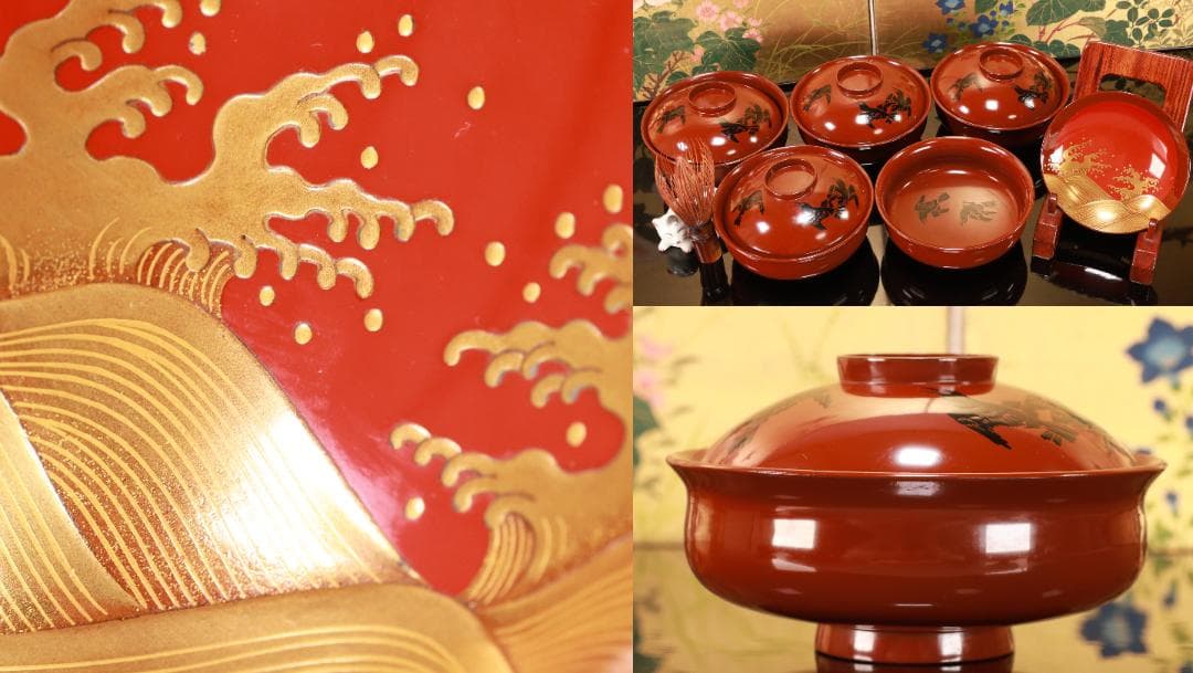 BJ103　時代輪島塗　烏漆絵　日乃出金蒔絵　煮物椀　五客　木製 吸物椀　菓子