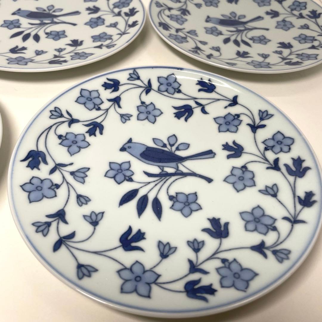 【貴古窯】青い鳥と花模様の皿セット 5枚