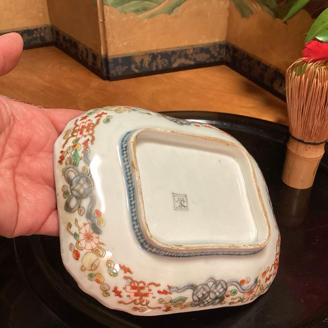 A913 古伊万里　染錦手　変形角皿　梅と文人紋様　　５枚