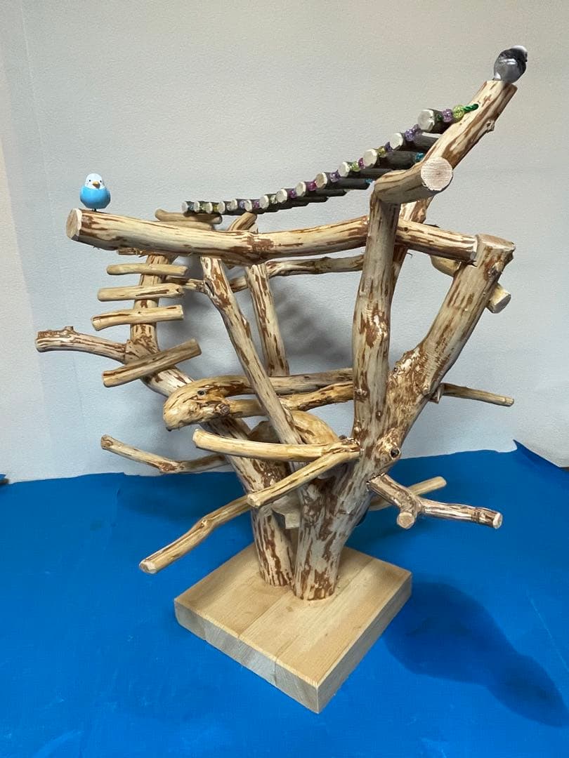 天然木製 鳥用止まり木 中型用 食器付き