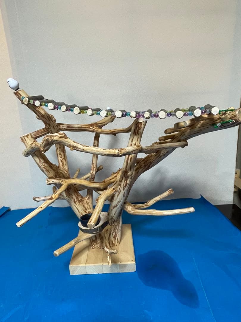 天然木製 鳥用止まり木 中型用 食器付き