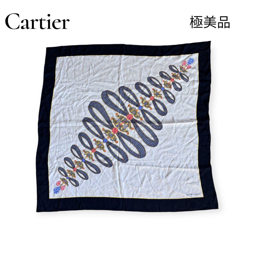 極美品】 カルティエ　大判スカーフ　宝石柄　ジュエリーデザイン　透かし柄　白黒