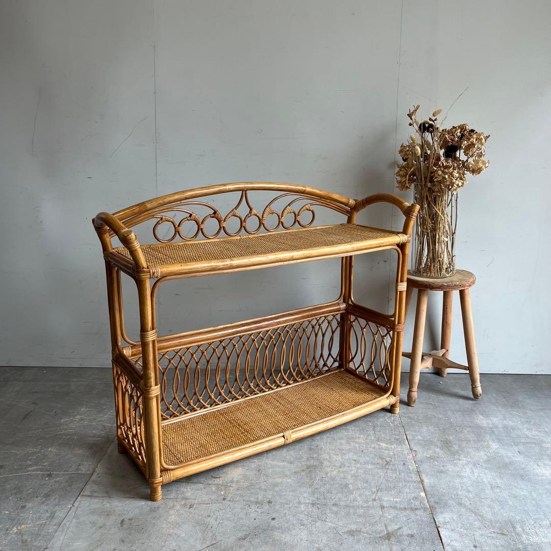 ヴィンテージ ラタン 籐 飾り棚 オープンラック チェスト 昭和レトロ z608