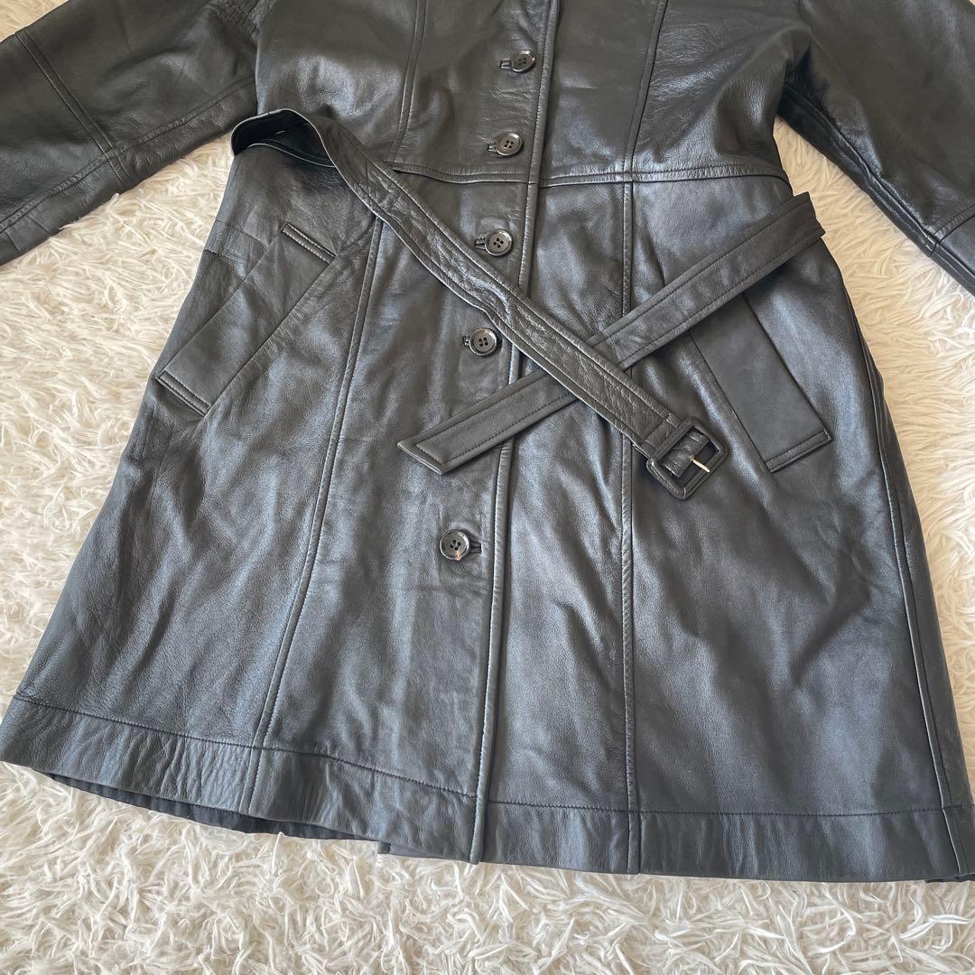 ミスアリス 羊革　レザーコート レザージャケット ベルト付 ひざ丈 ブラック