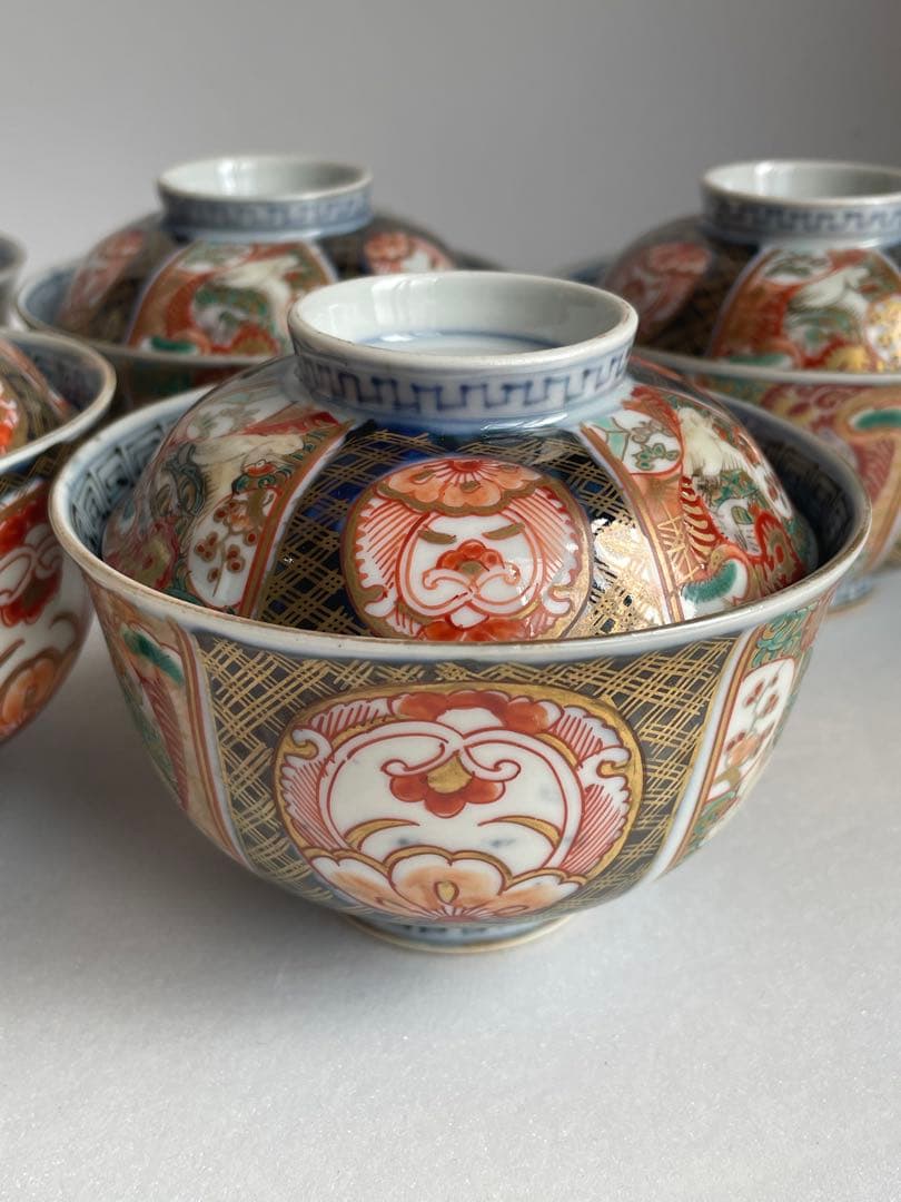 古伊万里 金蘭手柘榴図 蓋物 五客　お皿/蓋付き碗/茶碗/蓋付き/飯碗/お碗50