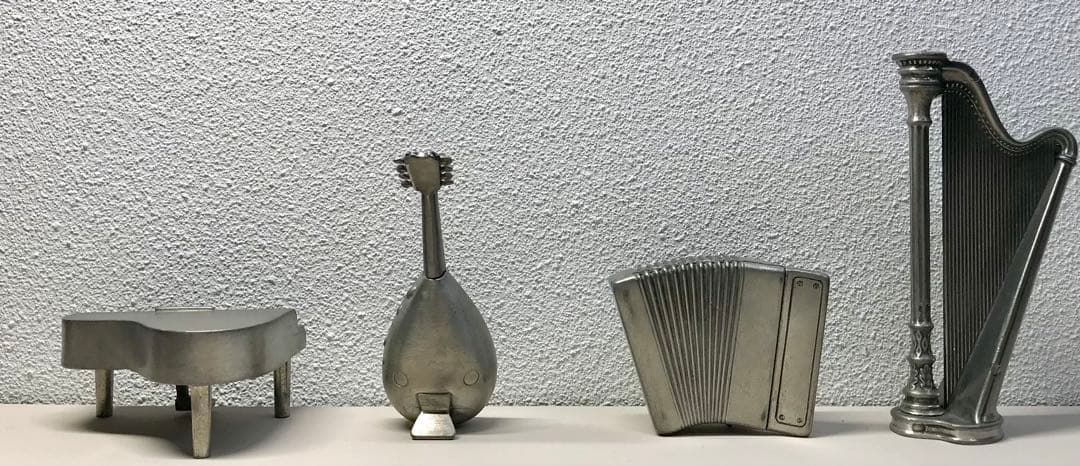 ハープ、ピアノ、マンドリン、アコーディオン　ピューター製 ドイツ製 楽器の置物