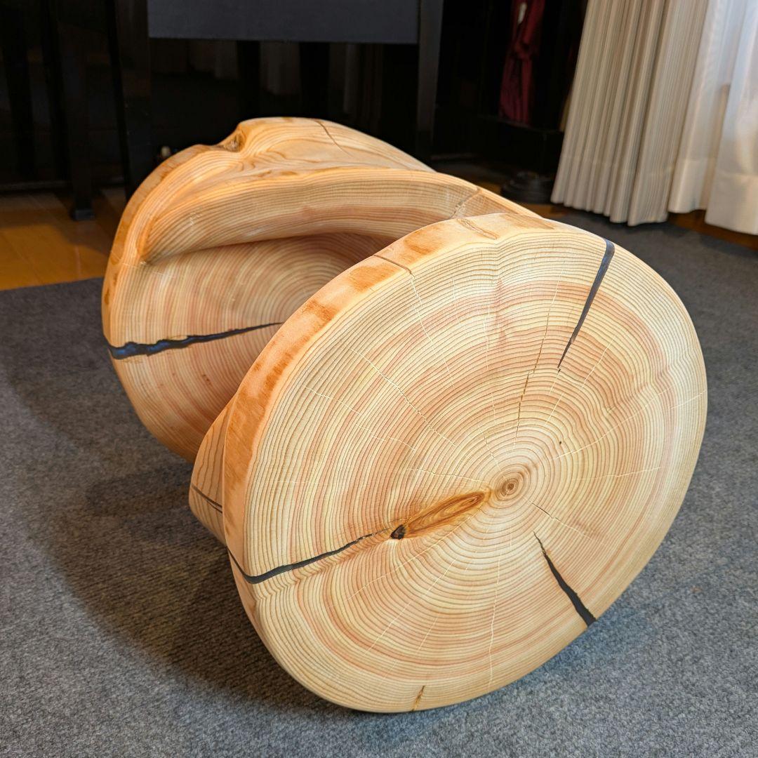檜　丸太　椅子　スツール　くり抜き　ねじり　レジン　高さ約32.5cm