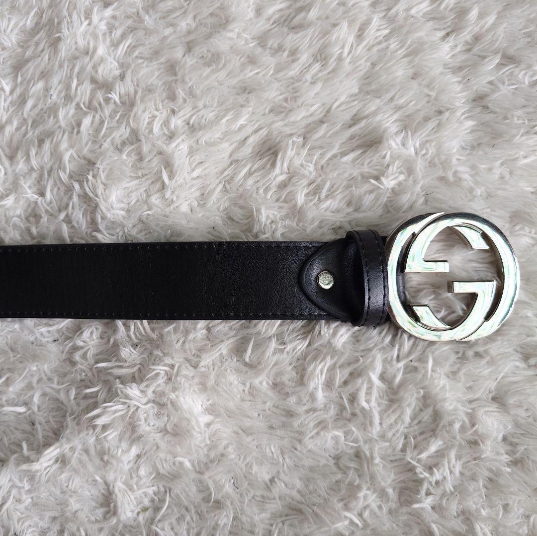 グッチ インターロッキング シルバー バックル レザー ベルト ロゴ金具 黒