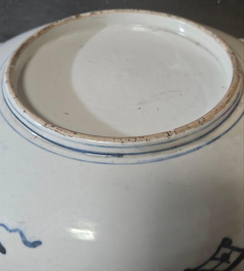 明治時代　古伊万里　花に蝶の図　市松文様　径 31.0cm　大皿　大鉢