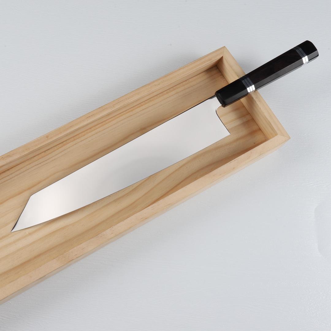 7555切付型特大牛刀 尺一ウルトラ鏡面仕上げ 両刃刺身包丁 黒檀五本銀巻八角柄