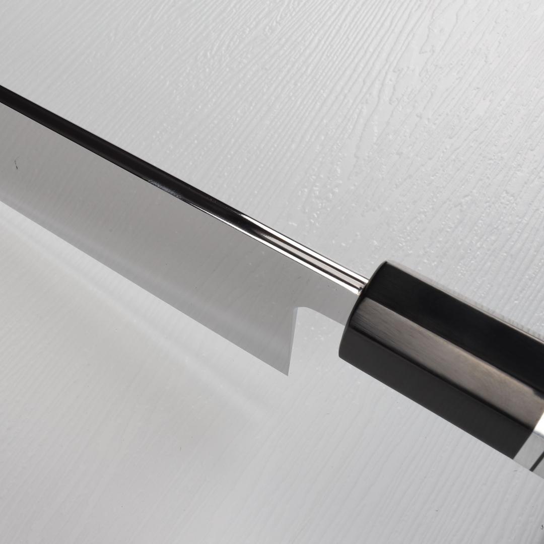 7555切付型特大牛刀 尺一ウルトラ鏡面仕上げ 両刃刺身包丁 黒檀五本銀巻八角柄