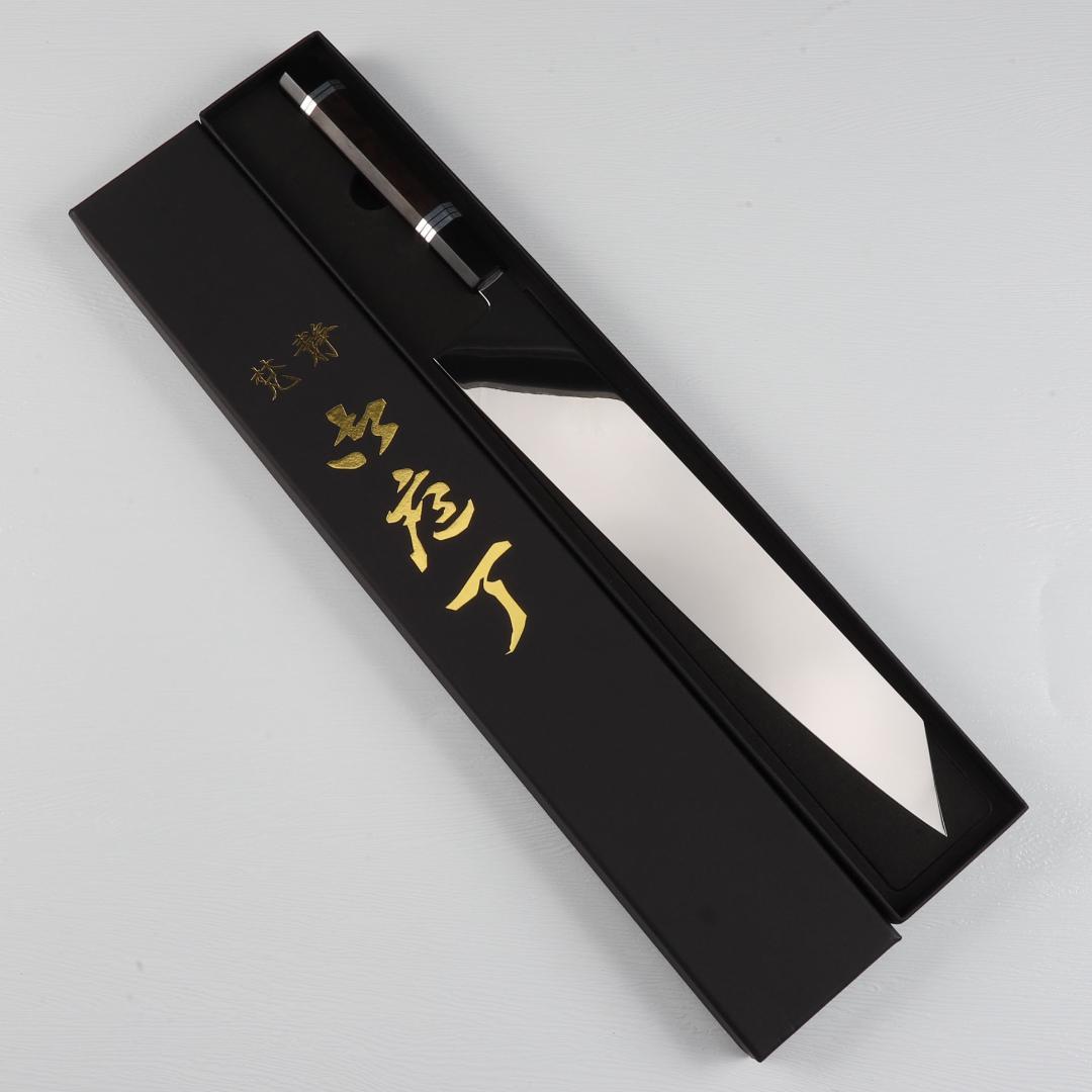 7555切付型特大牛刀 尺一ウルトラ鏡面仕上げ 両刃刺身包丁 黒檀五本銀巻八角柄