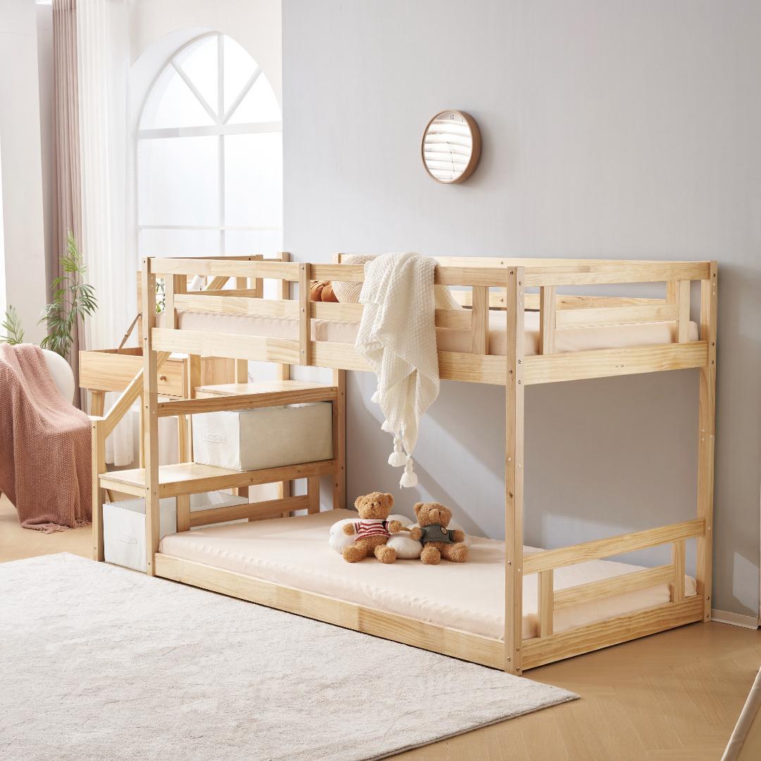 天然木ロフトベッド 階段付き 木製北欧風 大人 ベッド コンパクト　2COLOR