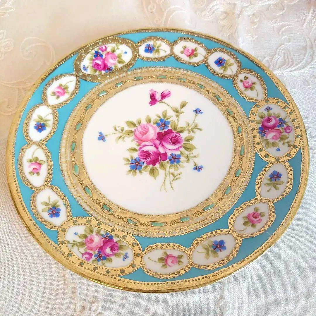 オールドノリタケ　ビジュー　皿　薔薇絵　ハンドペイント