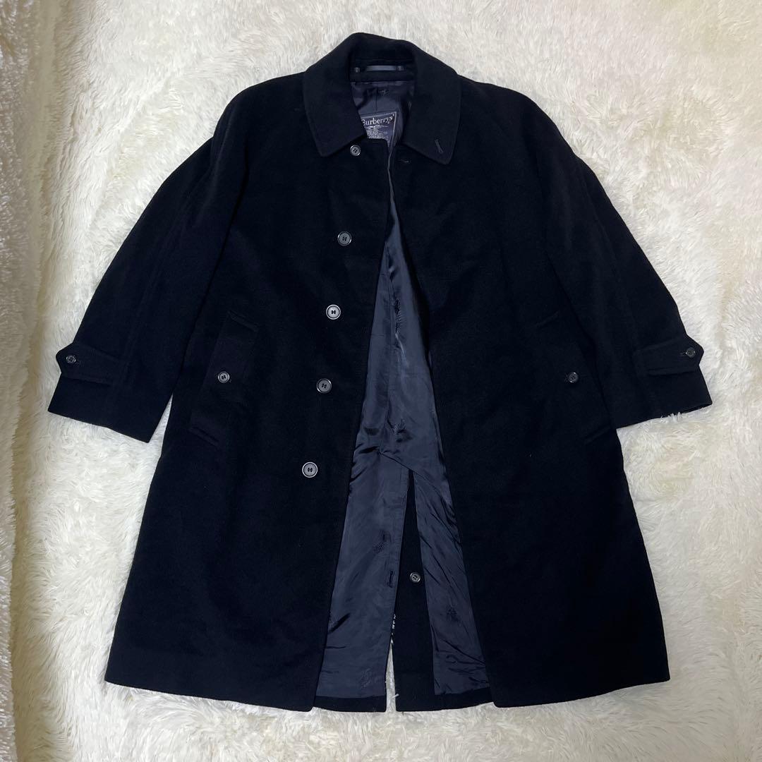 【最高級】バーバリー カシミヤ100% ステンカラーコート 紺 比翼 L相当