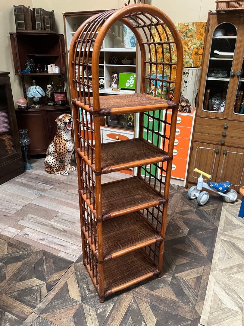 アーチ型 飾り棚 5段 昭和レトロ ラタン 籐棚 インテリア