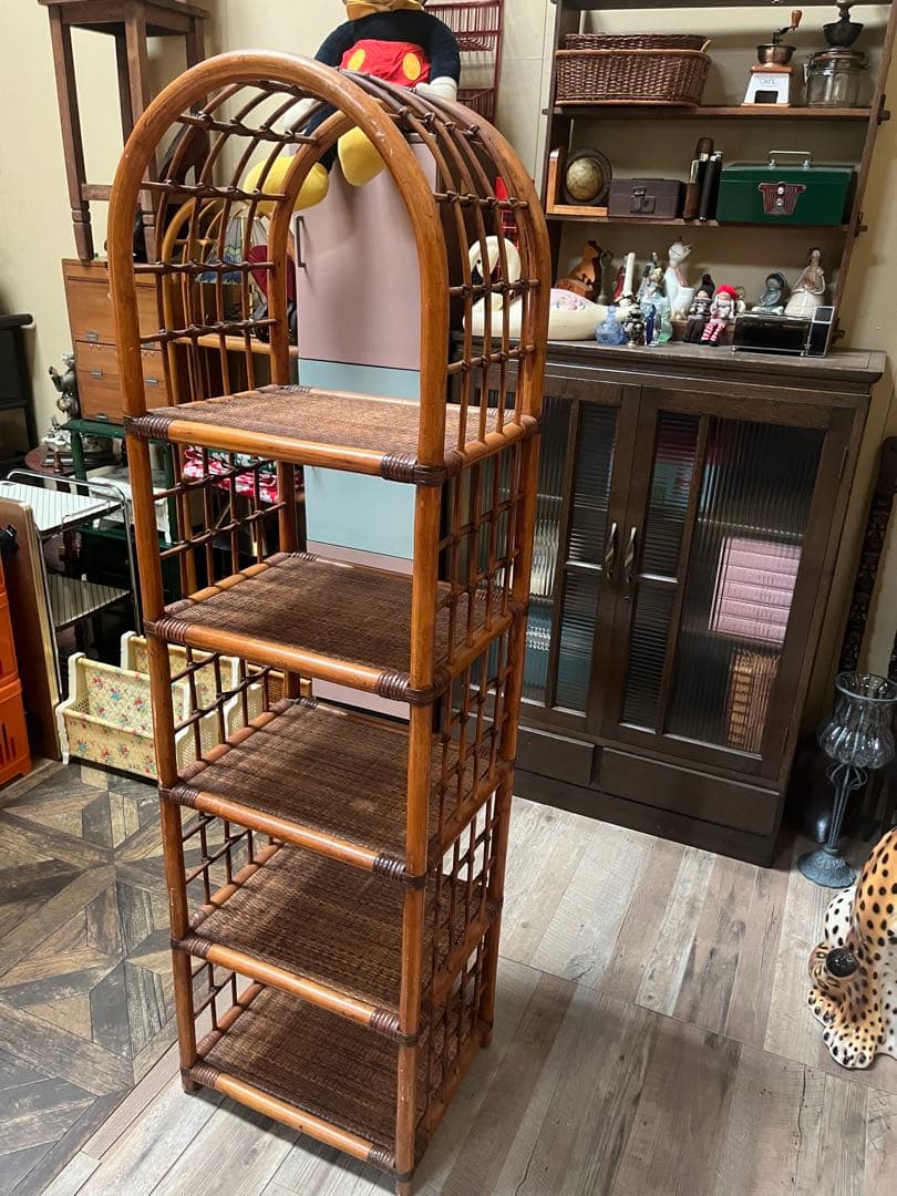 アーチ型 飾り棚 5段 昭和レトロ ラタン 籐棚 インテリア