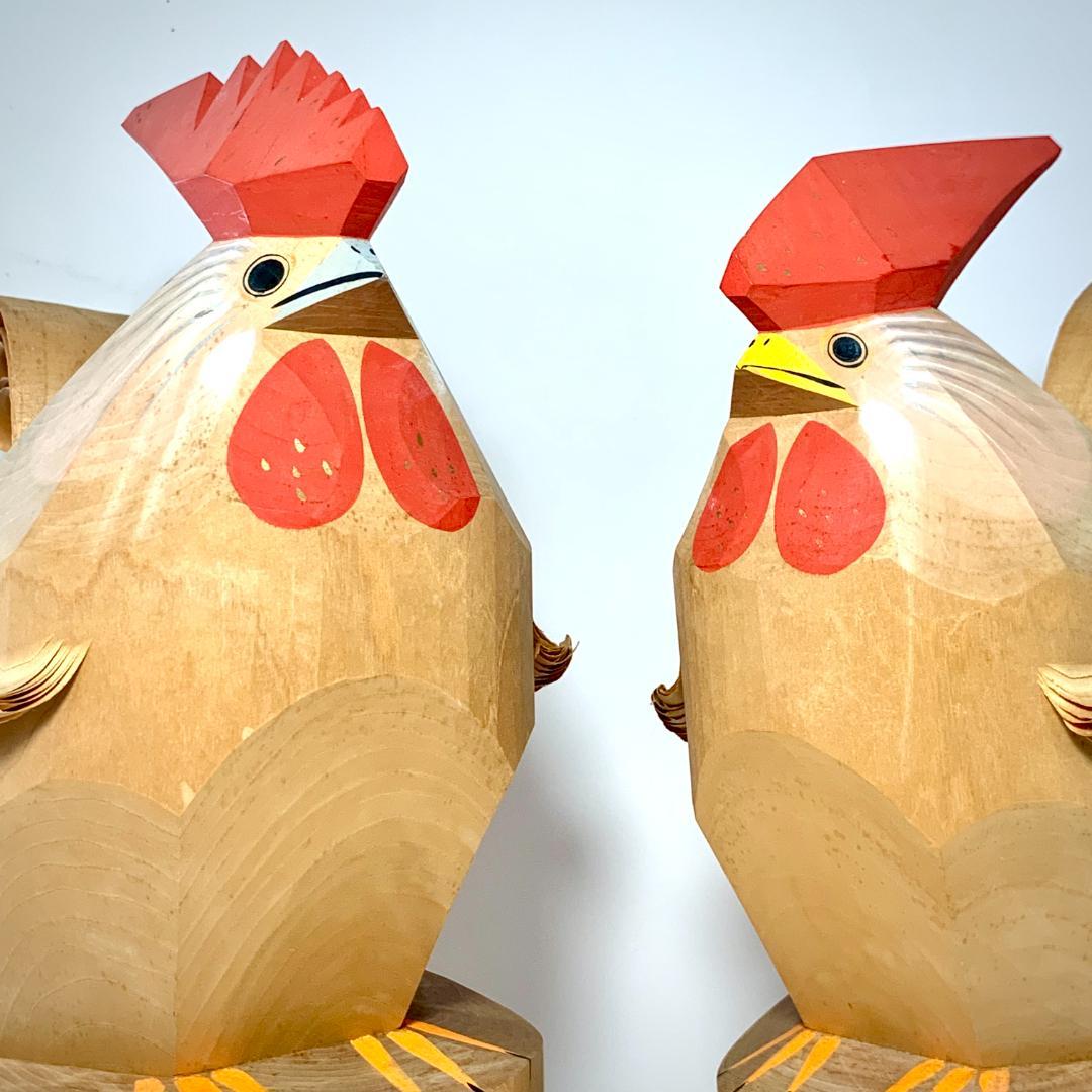 レトロ 笹野一刀彫り 大きなつがいの鶏　ニワトリの置物