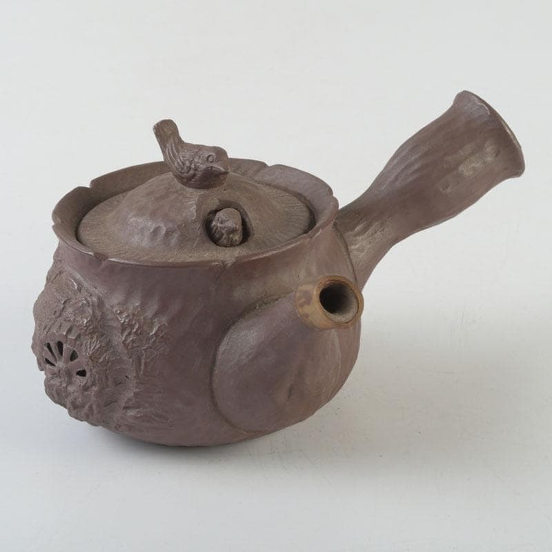 煎茶道具　萬古焼　英山造　紫砂　朱泥　鳥顔出　横手急須　V　9620