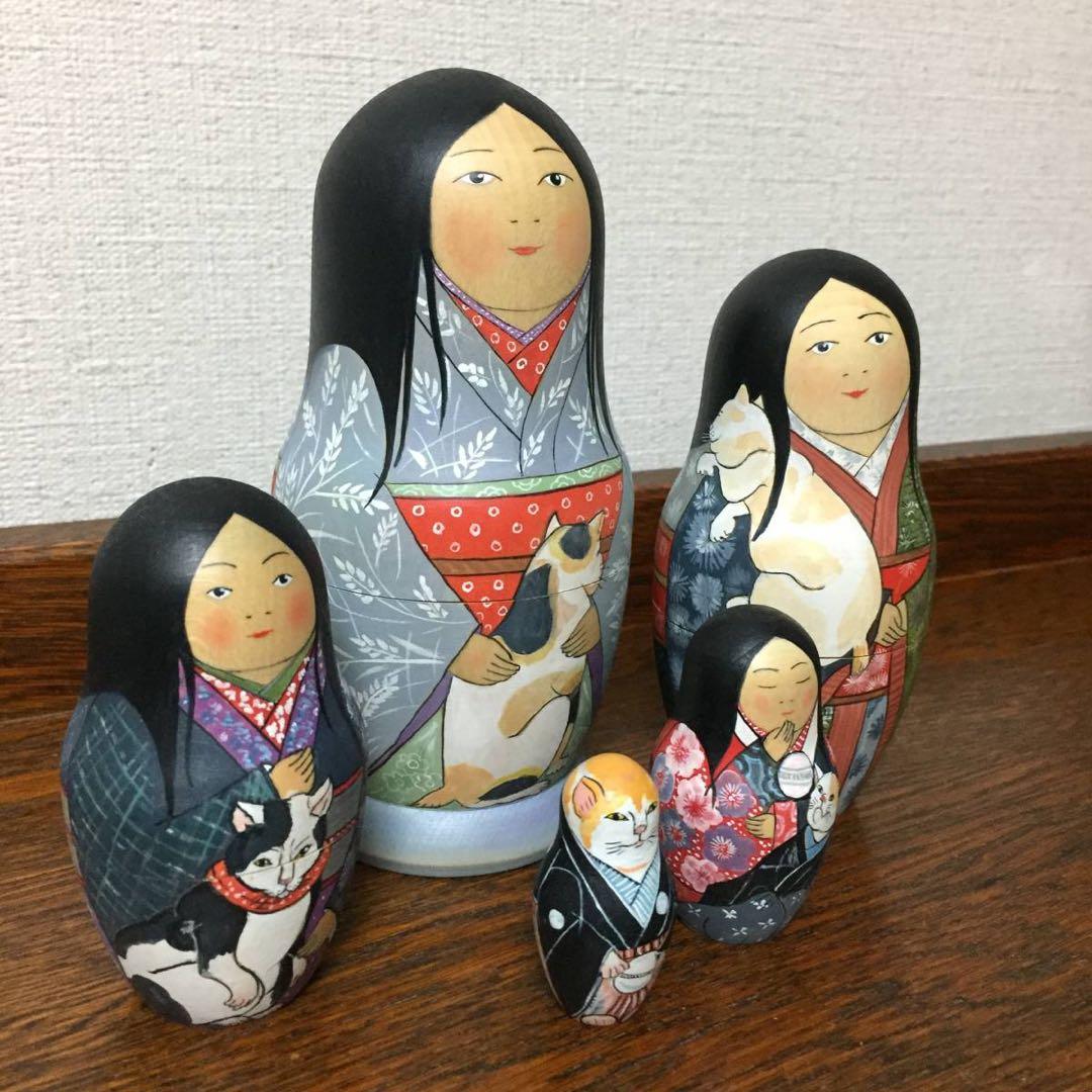 ひな祭りセール♪ロシア雑貨☆着物マトリョーシカ(5P)和風猫ボボワ作オマケ付き♪