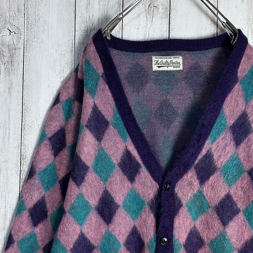 4923【人気Lサイズ】ワコマリア☆アーガイル柄モヘアカーディガン モヘア