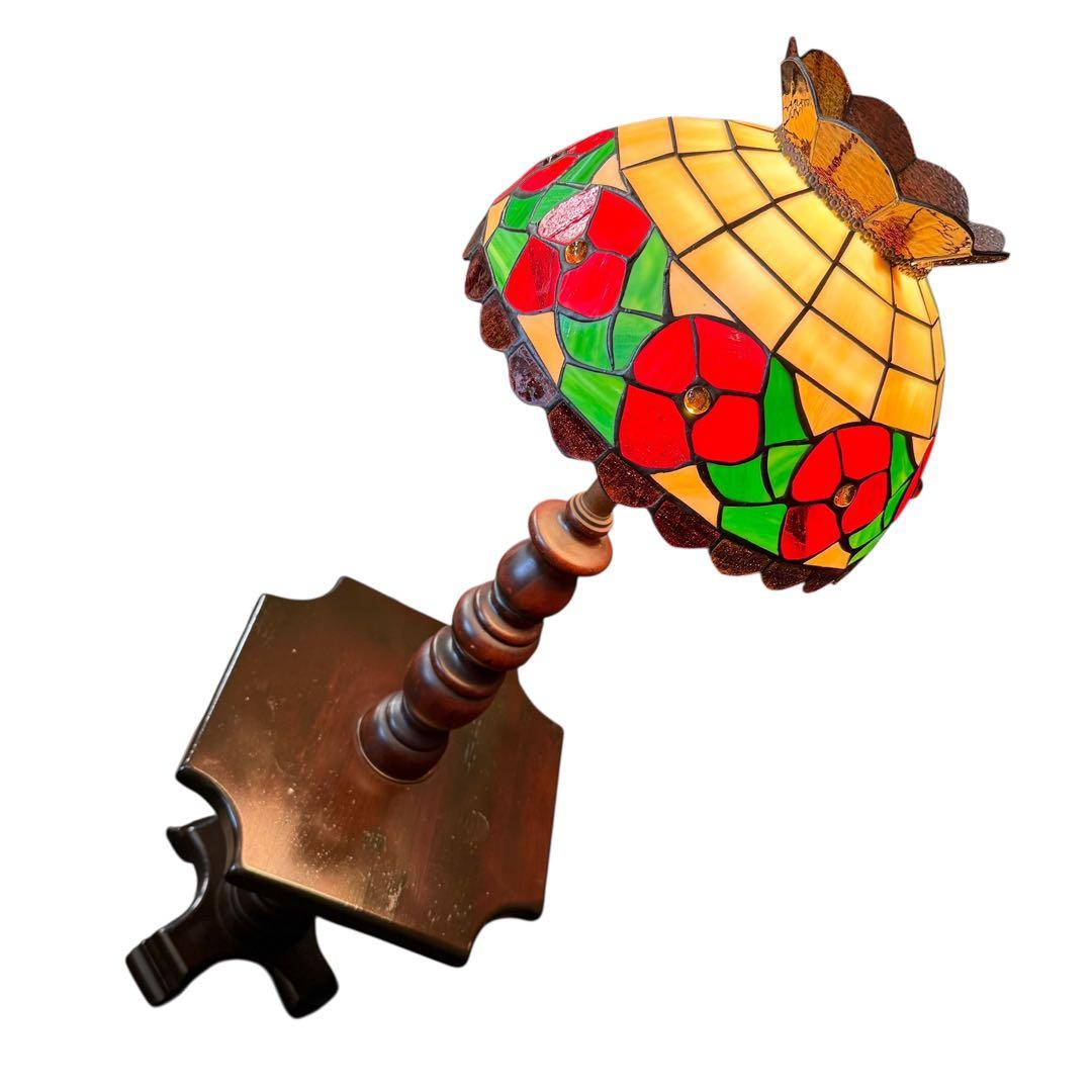 HR874 【希少】古いステンドグラスライト　照明　スタンドライト　テーブル付き