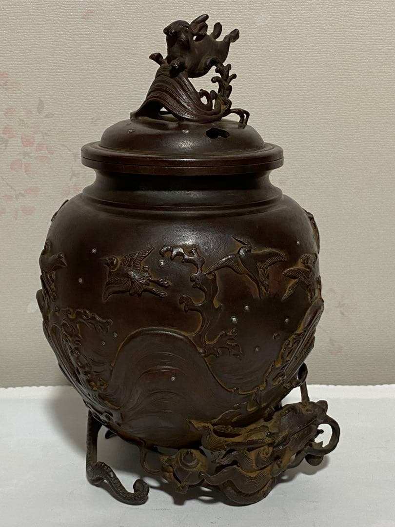 ♦蝋型細密鋳金 象嵌 波乗り兎 波千鳥文 波乗り龍足 香炉 唐金 美術品 骨董品