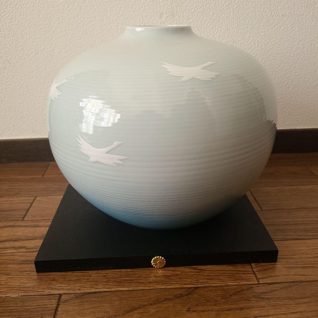 【新品未使用】九谷焼 花器 吉右衛門 作家物 共箱 陶歴付 鶴文 壺