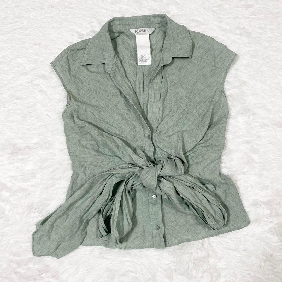 マックスマーラ 最高級 白タグ リネン100% シャツブラウス ウエストリボン付