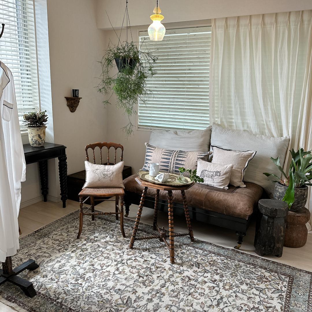 トルコヴィンテージラグ A52 大判 クリーム ベージュ セージグリーン