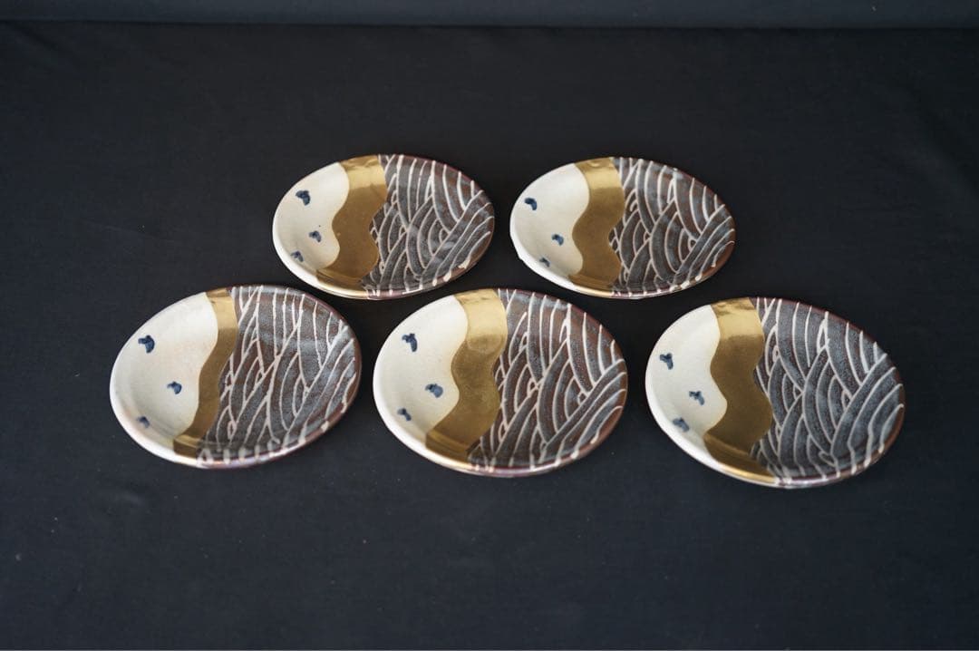 安藤日出武 金彩 波千鳥文 中皿 5客 共箱