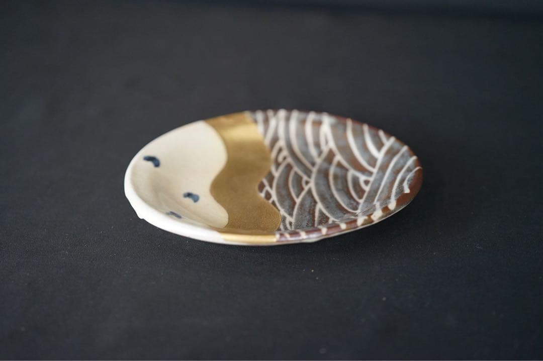 安藤日出武 金彩 波千鳥文 中皿 5客 共箱