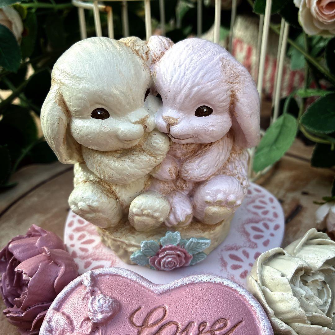 ★やすお★新作★ツインバニーとバラオブジェ★４点セット★うさぎオブジェ★