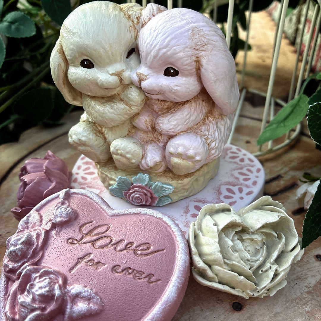 ★やすお★新作★ツインバニーとバラオブジェ★４点セット★うさぎオブジェ★