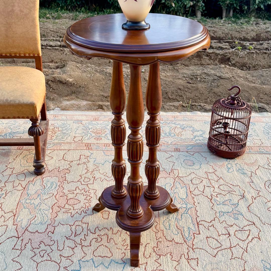 高級サイドテーブル 直径47 高82cm 花台 フラワースタンド 重厚 無垢材