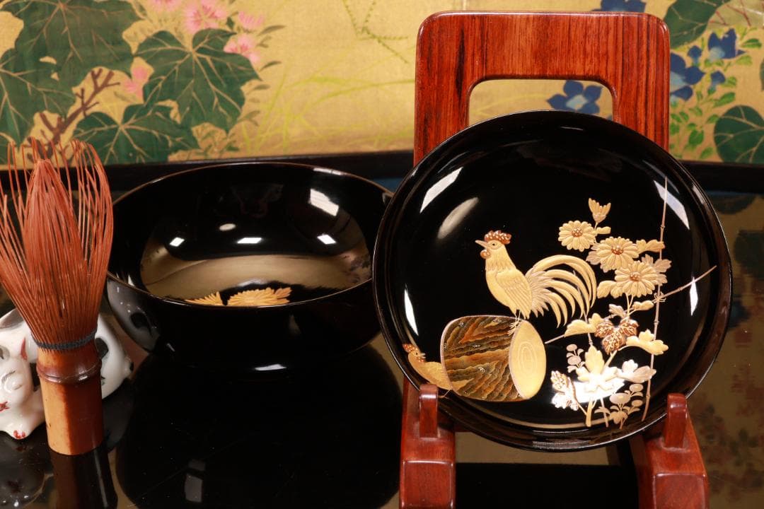 tatsuya　BJ133　時代輪島　加賀蒔絵　鶏図　吸物椀　十一客　木製